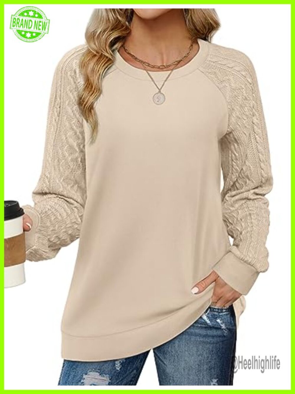 Cable Knit Sleeve Crewneck Sweatshirt Loose Fit Long Sleeve Pullover